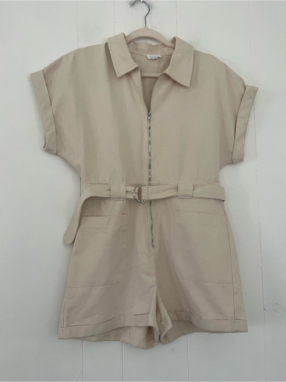 Le Lis Cream Short Sleeve Denim Romper Belted Size Medium
